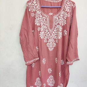 Peach Embroidered Mul Short Kurti
