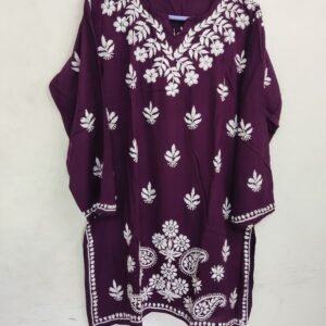 Dark Purple Embroidered Rayon Short Kurti